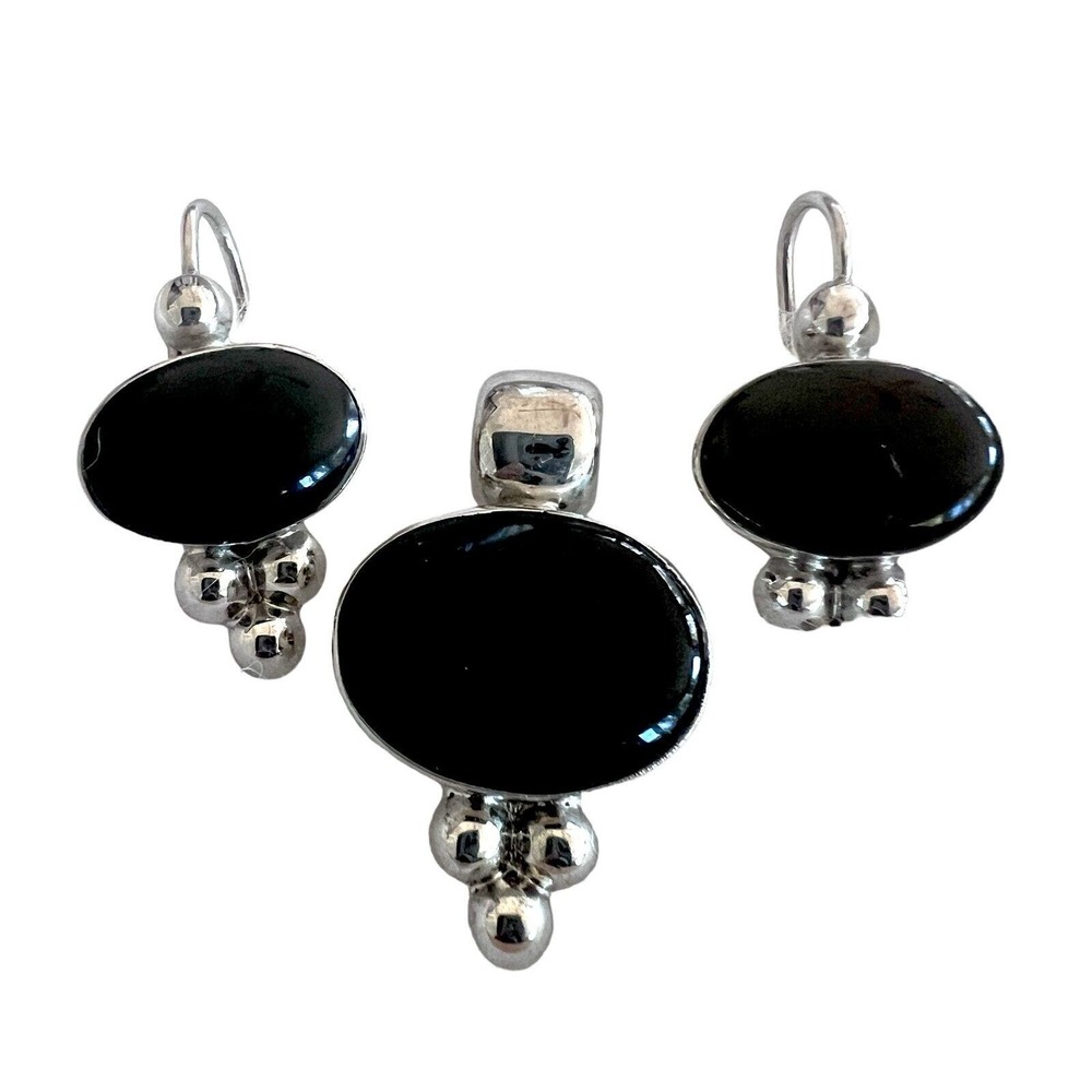 Black Stone Pendant w/Matching Earrings, Set in Sterling Silver